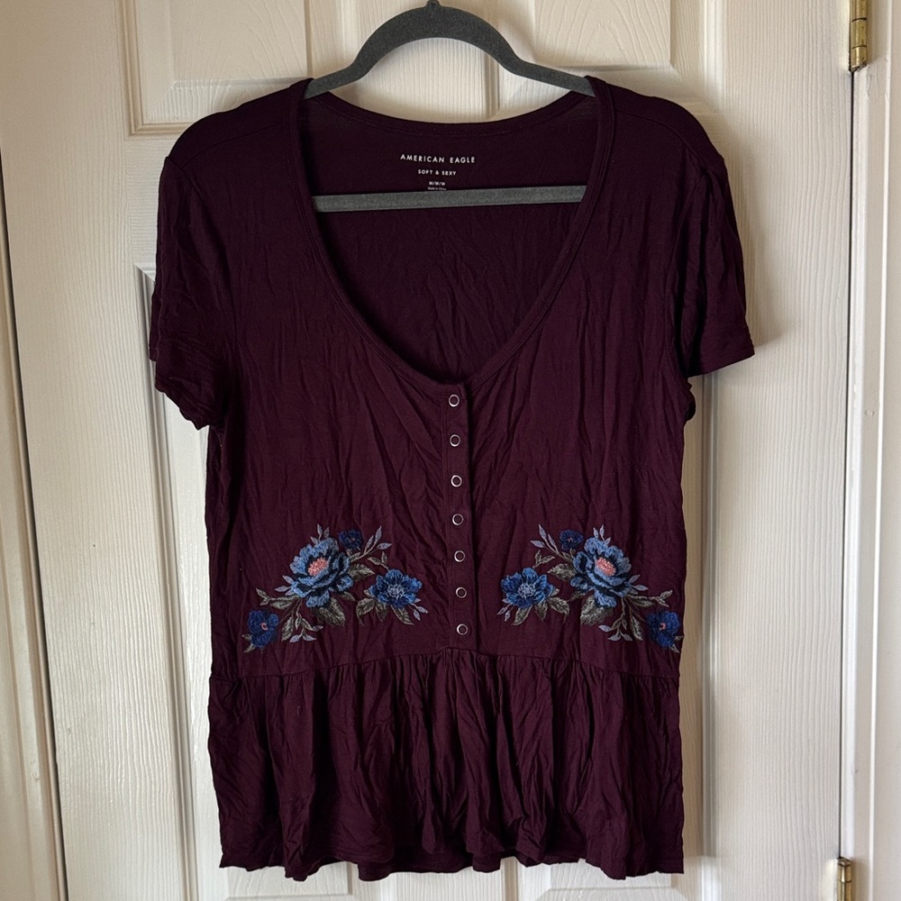 American Eagle Outfitters Maroon Top with Blue Embroidery
